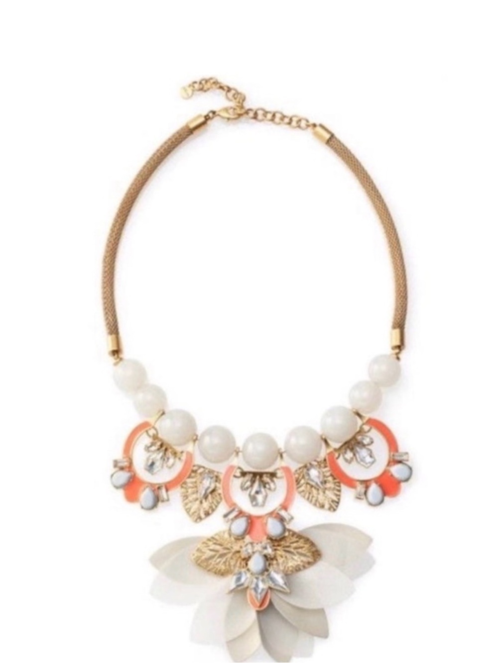 Statement Floral Bib Necklace - Gold, Coral & White